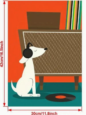 Mid Century Modern Dog with Headphones 12x16 Framed and Color Options  Unframed