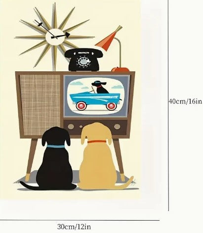 Mid Century Modern Black Labs Watching TV Framed Print on Canvas Artwork