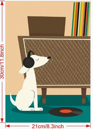 Mid Century Modern Dog with Headphones 12x16 Framed and Color Options  Unframed