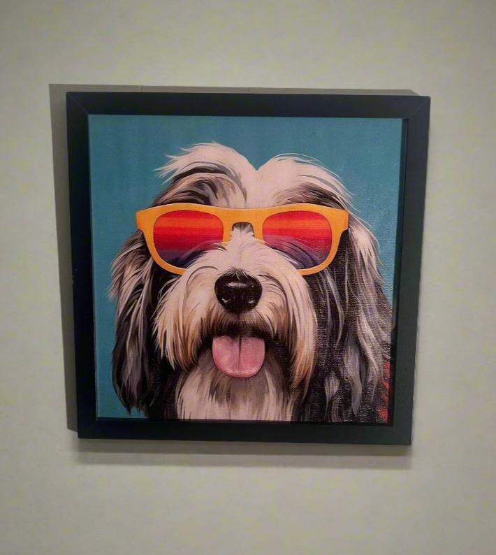 Colorful Bearded Collie with Sunglasses Impressionism Art Canvas Print 12"x12" Framed