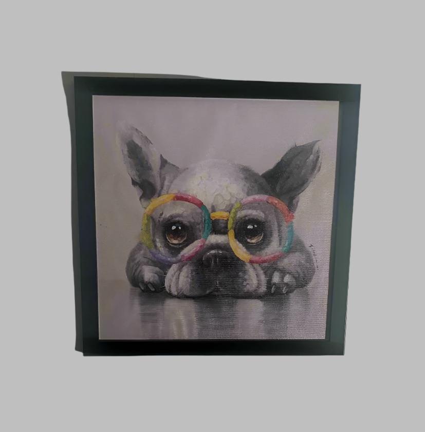 French Bulldog Colorful Glasses Impressionism Art Canvas Print 12"x12" Framed