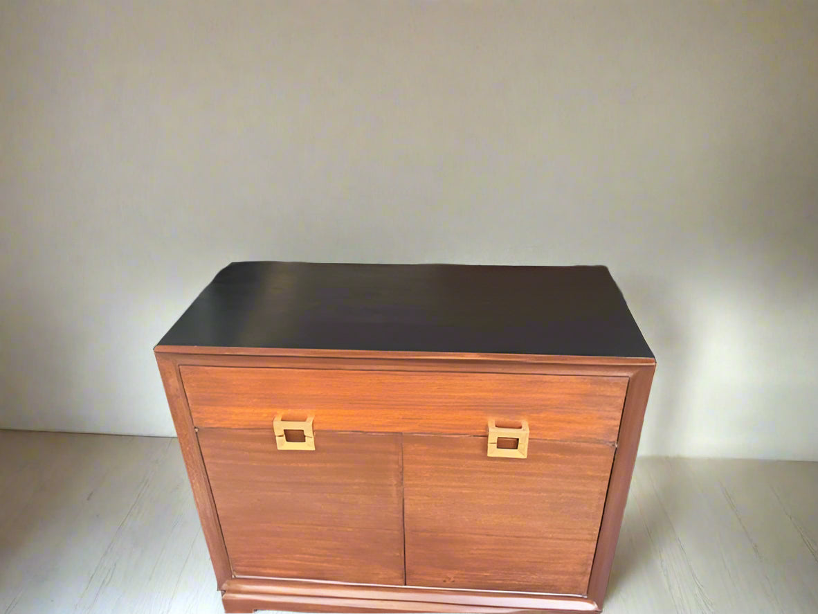 Refinished 1960s Mid-Century Modern Credenza by Red Lion Furniture – Black & Walnut, Solid Wood