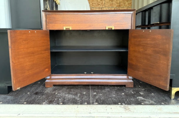 Refinished 1960s Mid-Century Modern Credenza by Red Lion Furniture – Black & Walnut, Solid Wood