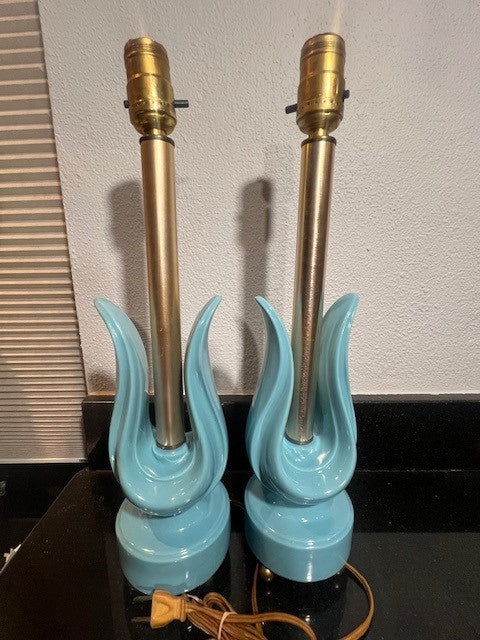 Pair of Vintage Mid-Century Modern Sky Blue Table Lamps with Shades