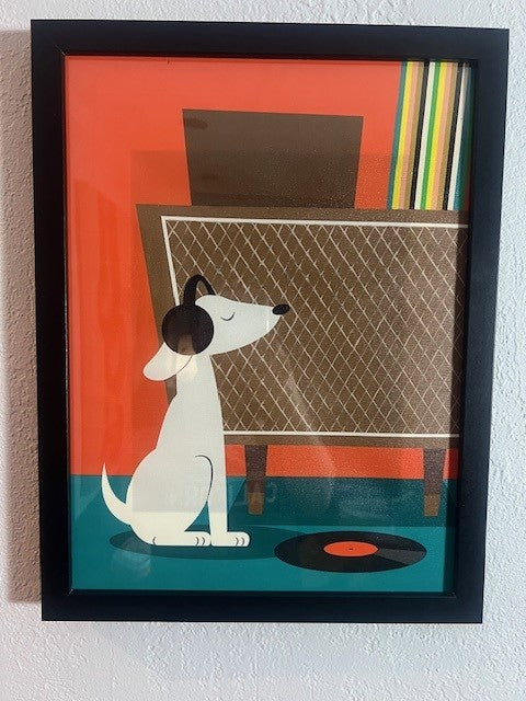 Mid Century Modern Dog with Headphones 12x16 Framed and Color Options  Unframed