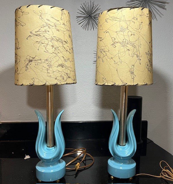 Pair of Vintage Mid-Century Modern Sky Blue Table Lamps with Shades