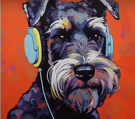 Colorful Schnauzer Wearing Headphones Impressionism Art Canvas Print 12x12 Framed