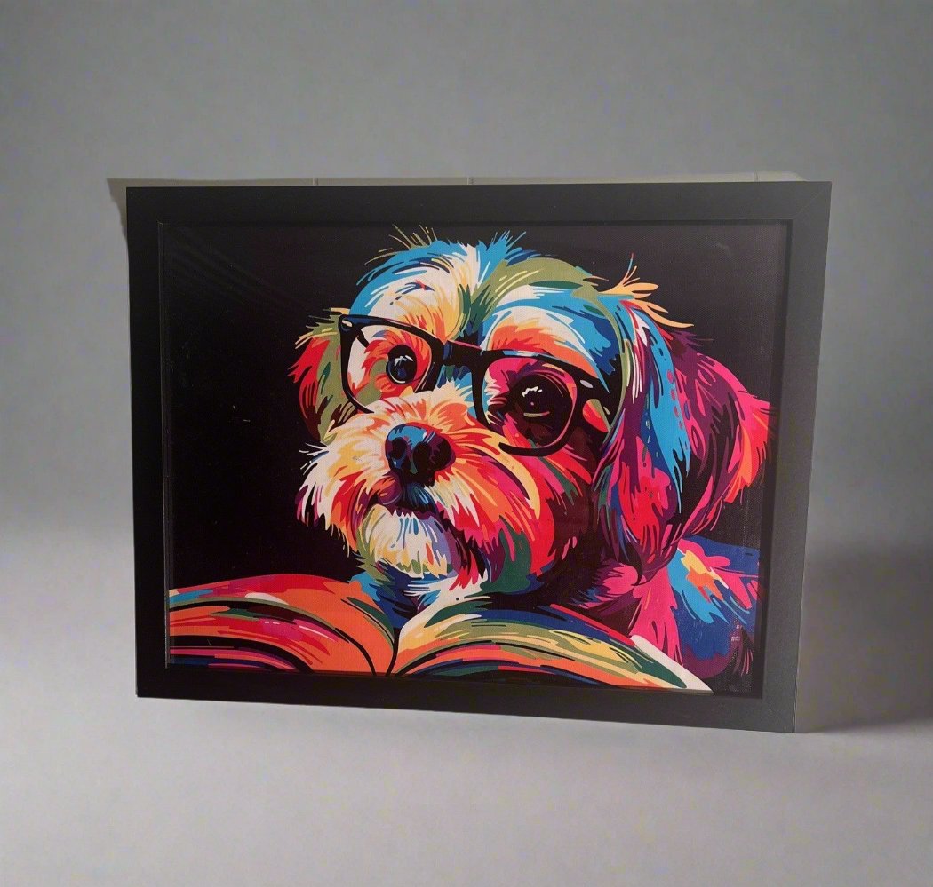 Colorful Shih Tzu Reading Book Impressionism Wall Art Canvas Print 12x16 Framed