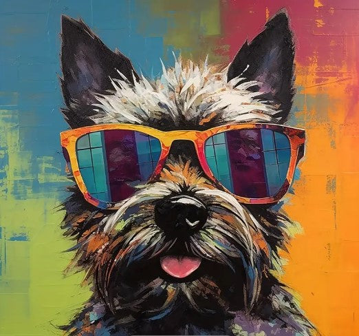 Colorful Cairn Terrier with Sunglasses Portrait Impressionism Art Canvas Print 12"x12" Framed