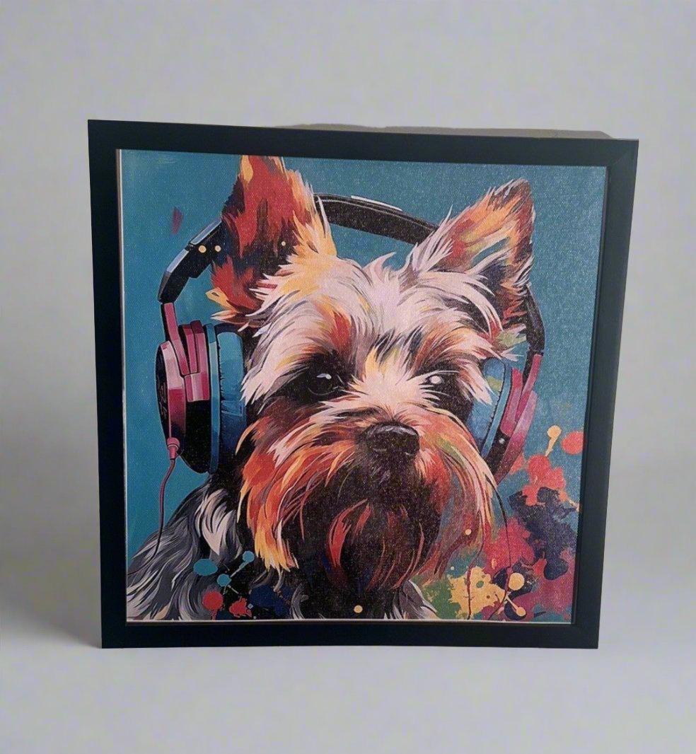 Colorful Yorkshire Terrier Wearing Headphones Impressionism Art Canvas Print 12"x12"