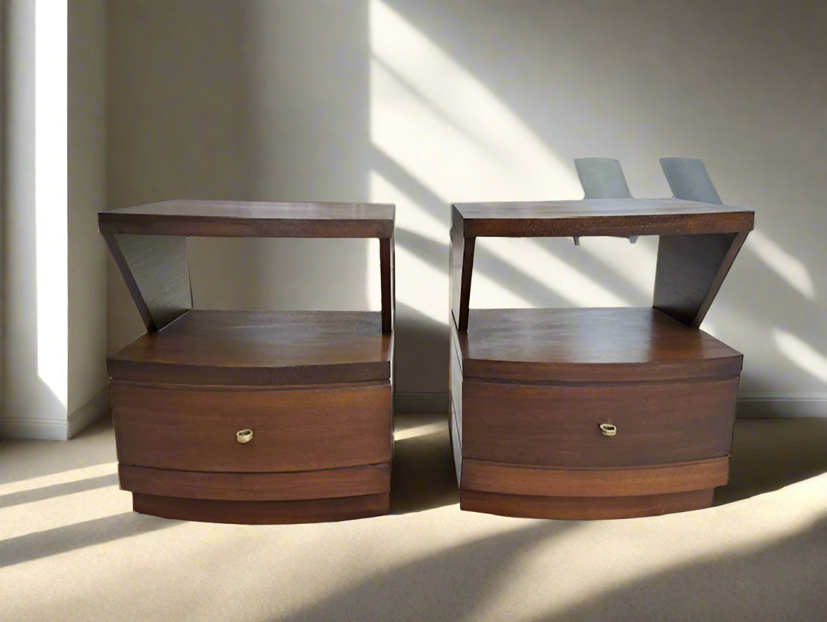 Pair of Vintage 1960s Mid-Century Modern Nightstands – Solid Wood, Dark Walnut Finish, Brass Hardware