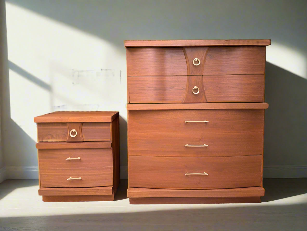 Vintage 60's Refurbished Bassett Mid Century Modern Chest Dresser and Nightstand