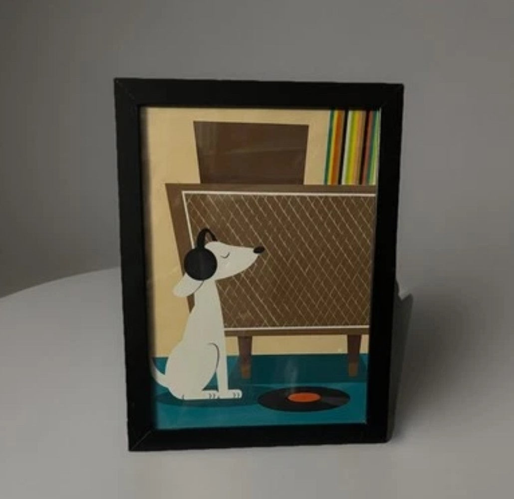 Mid Century Modern Dog with Headphones 12x16 Framed and Color Options  Unframed
