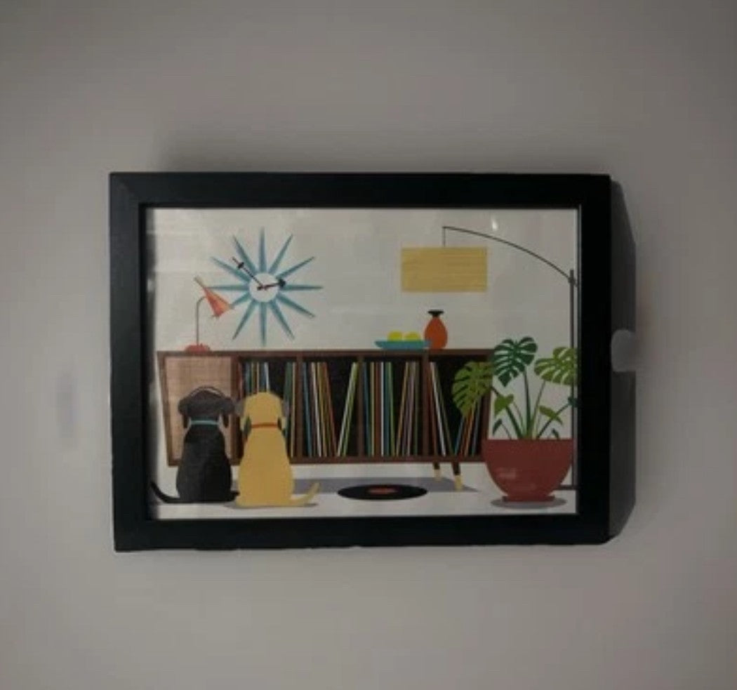 Mid Century Modern Black Labs Music Console Framed Print on Canvas Artwork