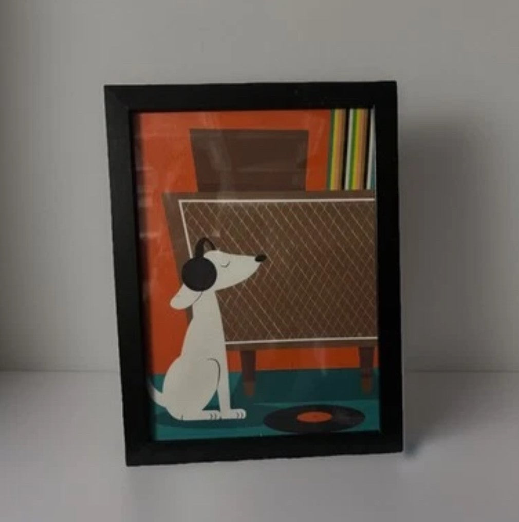 Mid Century Modern Dog with Headphones 12x16 Framed and Color Options  Unframed